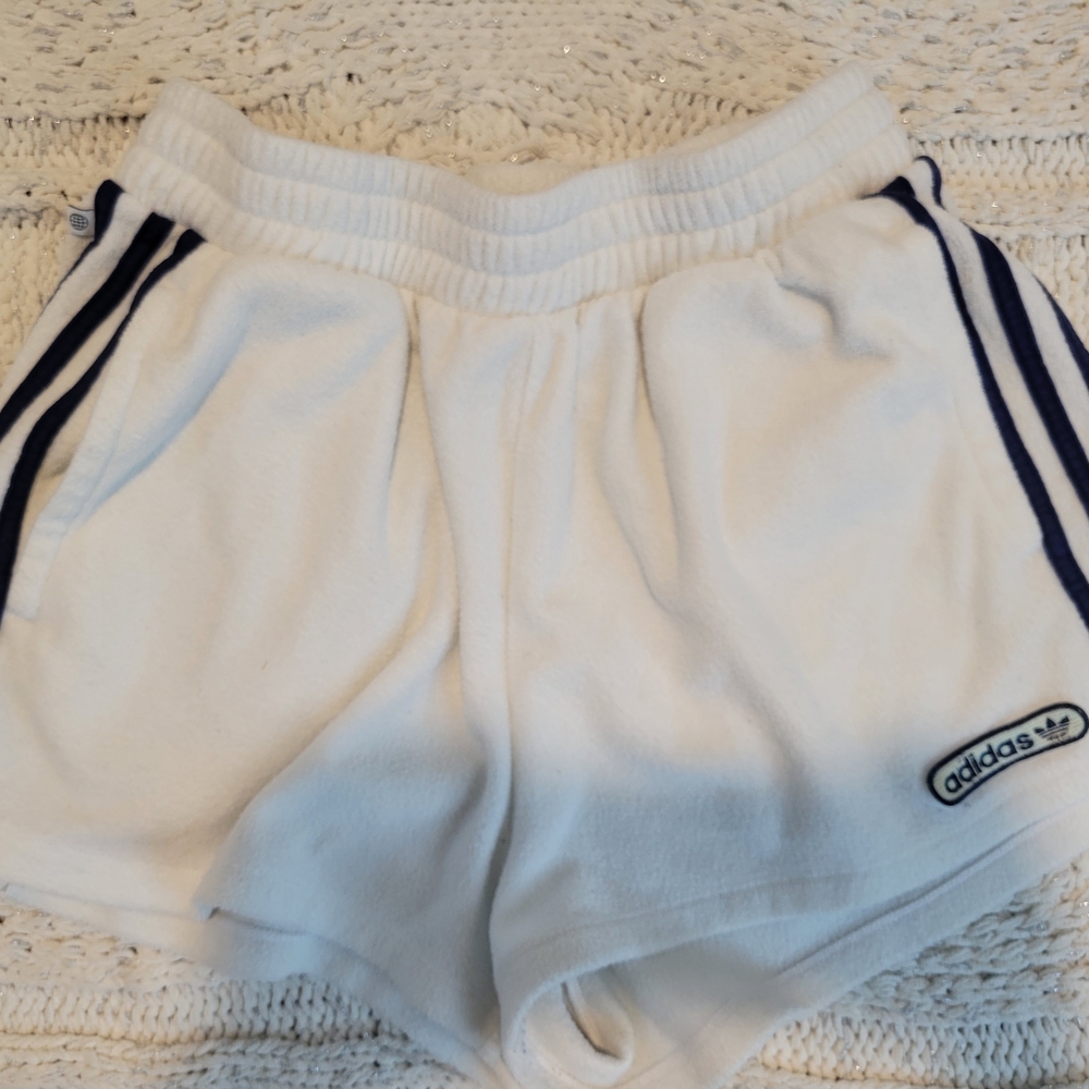 Adidas White Terrycloth Shorts with Navy Stripes
